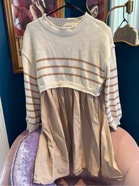 Neutral Striped Knit & Layered Dress - Cream/Tan